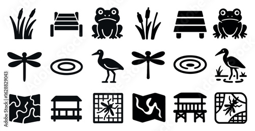 Nature and wildlife solid icons set – silhouette, flat, outdoor and exploration symbols