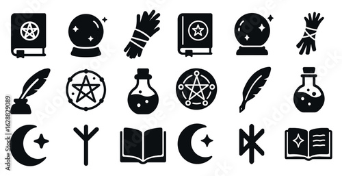 Wiccan ritual solid icons set – silhouette, filled, pagan and magic symbols