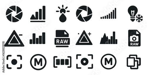 Photography and editing solid icons set – filled, camera, image processing tools