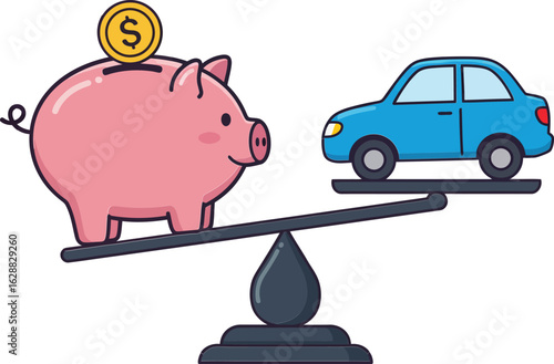 Piggy bank and blue car balanced on seesaw symbolizing financial decision and savings concept