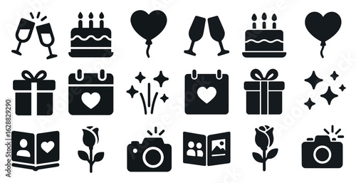 Celebration and party icons set – solid, filled, festive and event symbols