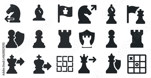 Chess strategy solid icons set – silhouette, filled, game planning pieces
