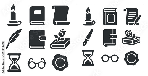 Vintage literature solid icons set – silhouette, quill, writing and old books