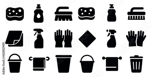 Cleaning tools solid icons set – filled, sanitation, and household implements
