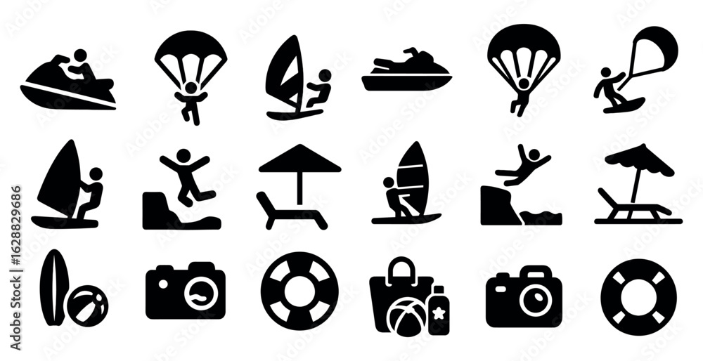 Obraz premium Water sports silhouette icons set – aquatic, adventure, beach style symbols