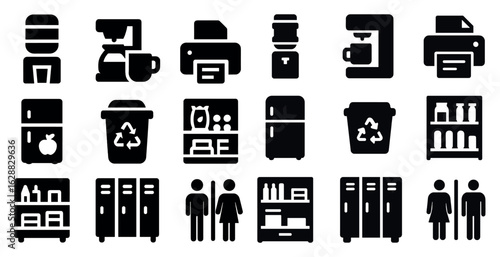 Office and kitchen solid icons set – filled, silhouette, workplace and home tools