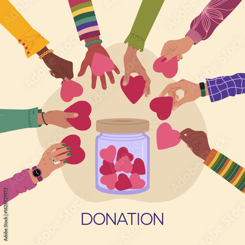 Diverse male and female hands putting red hearts in glass jar. Charity and donation concept. Hand drawn vector illustration isolated on light background, flat cartoon style.