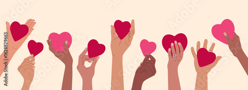 Hands raised up holding hearts. Concept of charity, donations and volunteering. Hand drawn vector vector illustration isolated on light background, modern flat cartoon style.