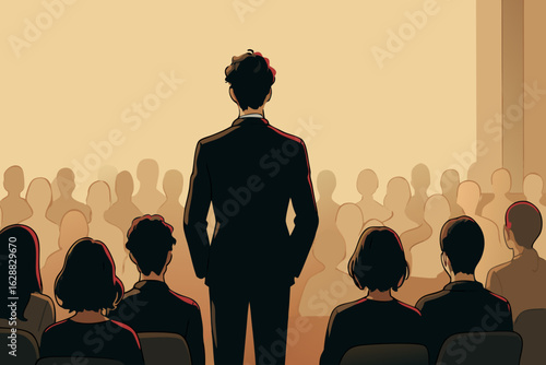 Businessman standing confidently in front of an audience during a presentation or conference in a formal setting. Concept of leadership, public speaking and professional communication
