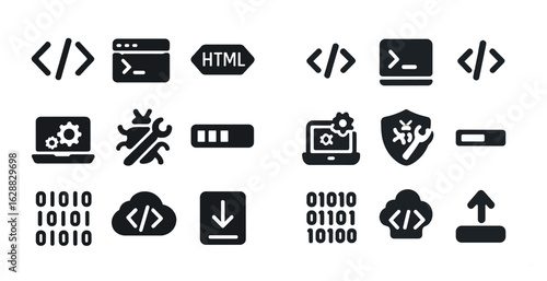 Web development solid icons set – flat, filled, coding and programming symbols