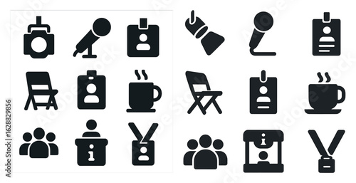 Event and conference solid icons set – filled, meeting, seminar symbols