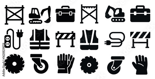 Construction and engineering icons set – solid, filled, building and safety tools
