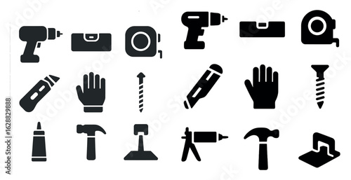 Construction tools solid icons set – silhouette, filled, building and diy graphics