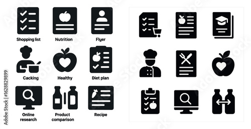 Food and nutrition solid icons set – healthy, cooking, diet and meal planning symbols