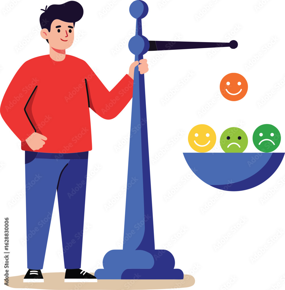 Fototapeta premium Young man standing next to emotional balance scale with colorful happy and sad faces concept