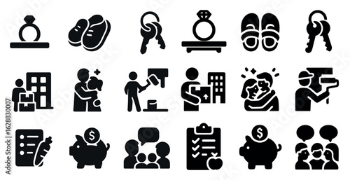 Real estate and home solid icons set – filled, silhouette, property management symbols