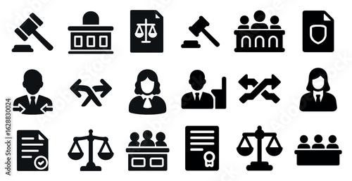 Law and justice solid icons set – silhouette, legal, court and attorney symbols
