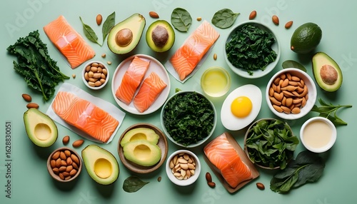 Wallpaper Mural Healthy Keto Diet Ingredients: Salmon, Avocado, Nuts, Greens, and Egg. Torontodigital.ca
