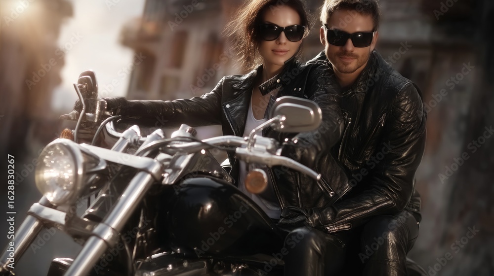 Fototapeta premium Biker couple moment: rider partner, road journey, leather jacket, helmet view, highway romance, chrome detail, shared passion, speed thrill, freedom bond, vehicle shadow, asphalt adventure, unity ride