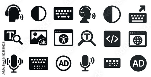 Accessibility and communication solid icons set – web, interface, assistive technology
