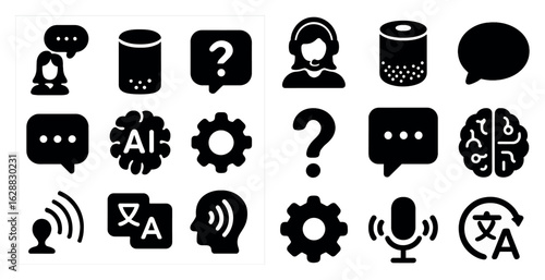 Language services silhouette icons set – communication, translation, ai symbols