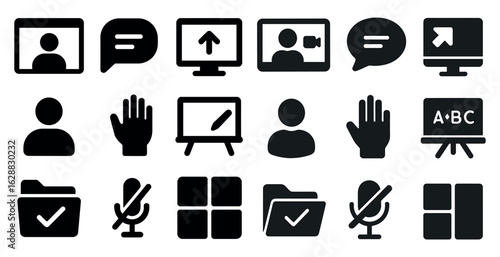 Video conference silhouette icons set – filled, solid, virtual meeting symbols