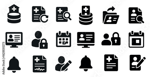 Healthcare and administration solid icons set – medical, flat, hospital management symbols