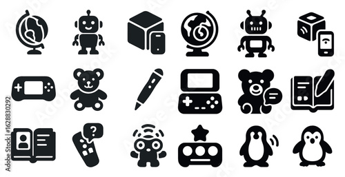 Educational toys solid icons set – flat, filled, learning and kids play symbols