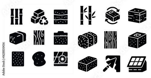 Sustainable materials silhouette icons set – recycled, eco-friendly design symbols