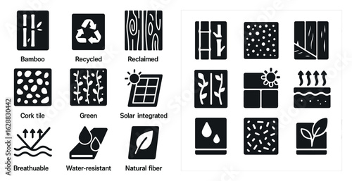 Eco-friendly solid icons set – recycled, natural materials, sustainable symbols