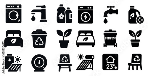 Eco-friendly solid icons set – filled, recycling, sustainable living symbols