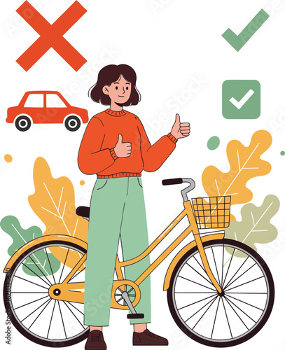 Woman giving thumbs up standing next to yellow bicycle promoting eco-friendly transportation instead of car usage for sustainable living