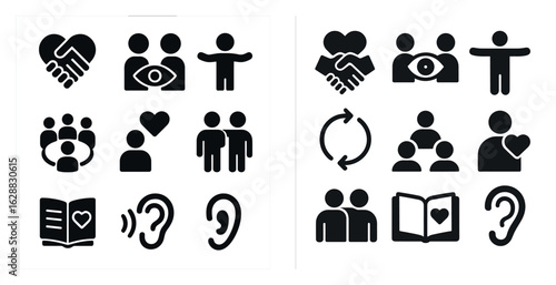 Community and connection icons set – solid, filled, social interaction symbols