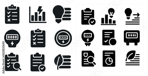 Energy and sustainability icons set – solid, eco-friendly, power and green technology symbols