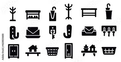 Home organization solid icons set – flat, filled, storage and decluttering symbols