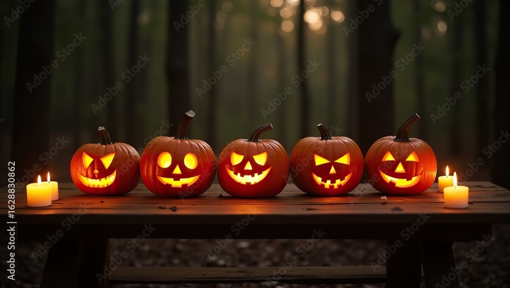 Fototapeta premium Glowing Pumpkins and Candles in the Forest