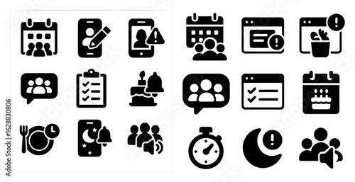 Communication and reminder solid icons set – silhouette, notification, scheduling symbols