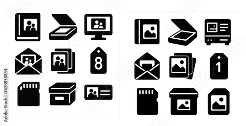 Document management solid icons set – filled, archival, file organization symbols