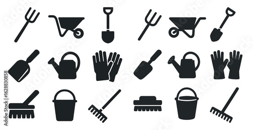Gardening tools silhouette icons set – solid, outline, landscape and horticulture kit