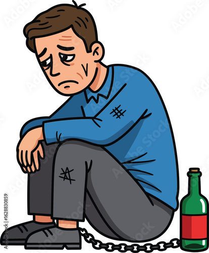 Young man sitting on floor chained to bottle expressing sadness and addiction struggles in cartoon style