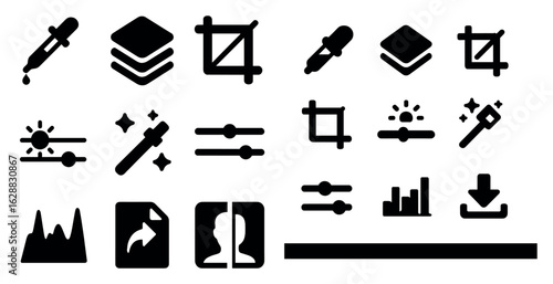 Editing and design silhouette icons set – tools, adjustments, creative symbols