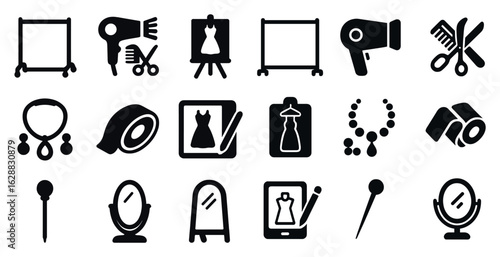 Fashion and beauty silhouette icons set – styling, grooming, design tools symbols