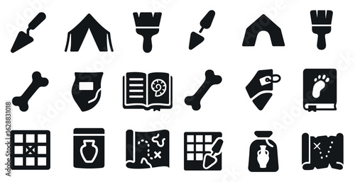 Archaeology dig solid icons set – flat, filled, excavation and artifact symbols