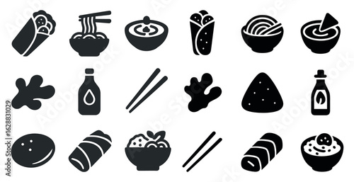Asian cuisine filled icons set – solid, silhouette, food and restaurant symbols