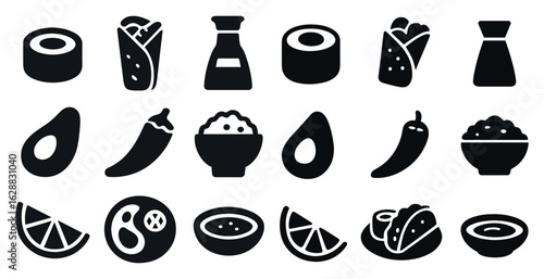 Food and snack solid icons set – filled, silhouette, culinary and dining symbols