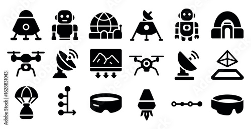 Space exploration icons set – solid, filled, futuristic and technology symbols