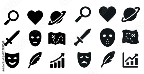 Adventure and exploration silhouette icons set – solid, masked, map and journey symbols