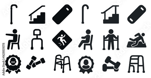 Mobility and accessibility silhouette icons set – flat, filled, support and assist tools