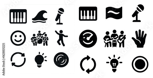 Music and performance solid icons set – filled, concert and entertainment symbols