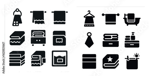 Bathroom essentials solid icons set – flat, filled, hygiene and towel graphics